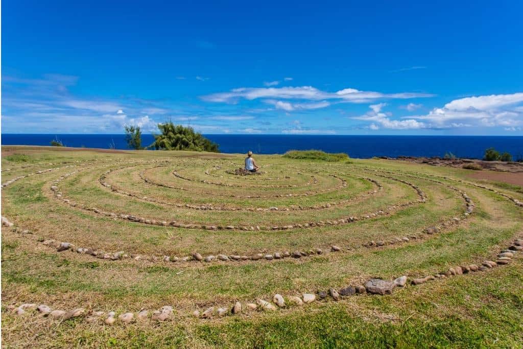 Meditating in Maui Labyrinth

