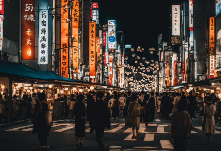 An image capturing the vibrant streets of Tokyo at dusk, showcasing the iconic Shibuya Crossing, paper lanterns illuminating narrow alleys of Kyoto's Gion district, and a serene Zen garden with meticulously raked gravel and lush bonsai trees
