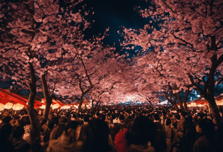 An image showcasing a vibrant Yozakura festival scene with illuminated cherry blossom trees casting a soft glow on a bustling crowd, as fireworks burst in the night sky and lanterns gently float above