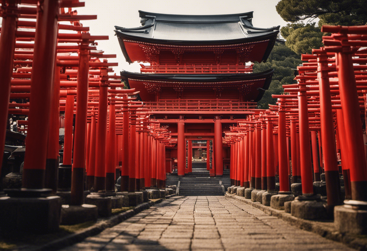 An image showcasing the meticulous construction process of Inari Shrines, capturing artisans skillfully crafting intricate wooden torii gates, meticulously layering red lacquer paint, and delicately carving fox statues, all surrounded by an ambiance of tranquility and devotion