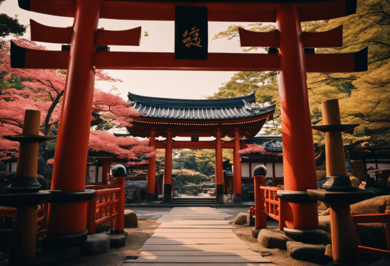 An image showcasing skilled craftsmen meticulously carving traditional wooden pillars and delicate curved roofs, surrounded by tranquil gardens adorned with vibrant torii gates, reflecting the serene beauty of Inari shrines