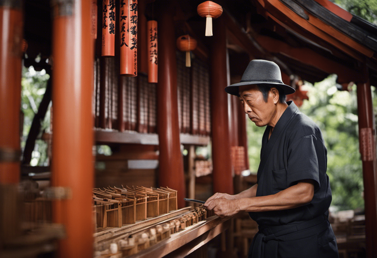 An image featuring skilled craftsmen meticulously restoring the intricate wooden structures of an Inari shrine, showcasing their traditional tools, the meticulous attention to detail, and the unique architectural elements that make these shrines distinct
