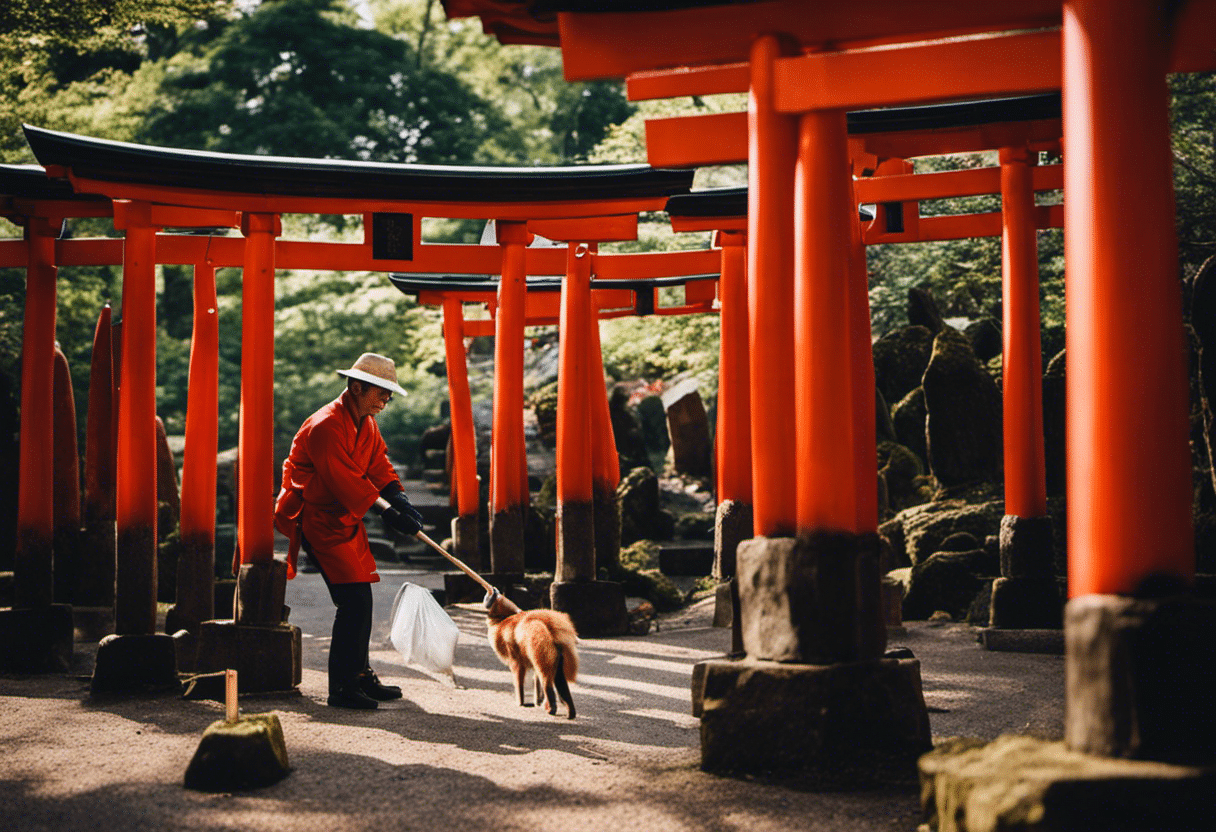 An image capturing the enchanting scene of skilled artisans meticulously cleaning and repairing the vibrant vermilion torii gates and sacred stone fox statues at an Inari shrine, preserving their timeless allure