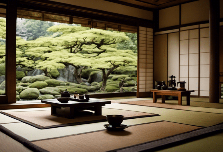 An image showcasing a serene Japanese tea room adorned with minimalist decor - a traditional tatami floor, a delicate tea set, and a harmonious ikebana arrangement, embodying the Zen philosophy's influence on the tranquil Japanese tea ceremony