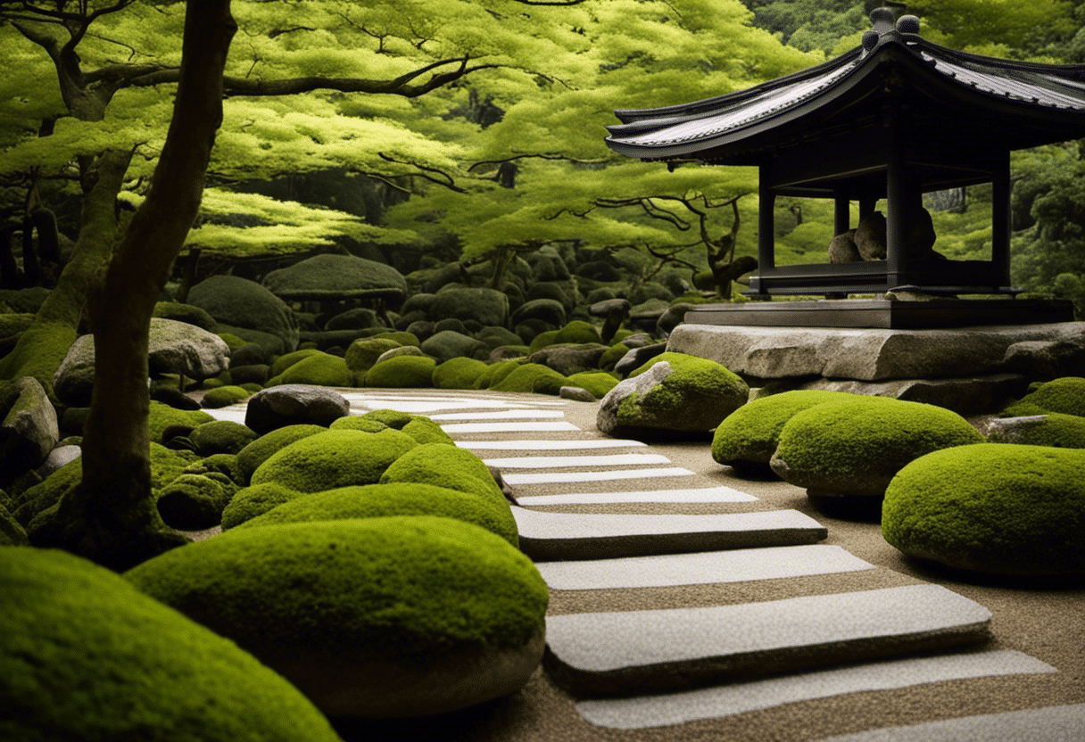  the serenity of Kyoto's Zen gardens in an image: A moss-covered path meandering through meticulously raked white gravel, leading to a stone lantern enveloped in lush greenery, exuding tranquility and embodying the essence of Japanese Buddhism