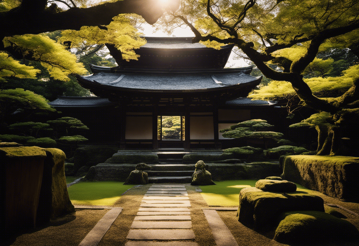 An image of a serene temple courtyard in Kyoto, with soft morning sunlight filtering through ancient trees and casting gentle shadows on the moss-covered stone path