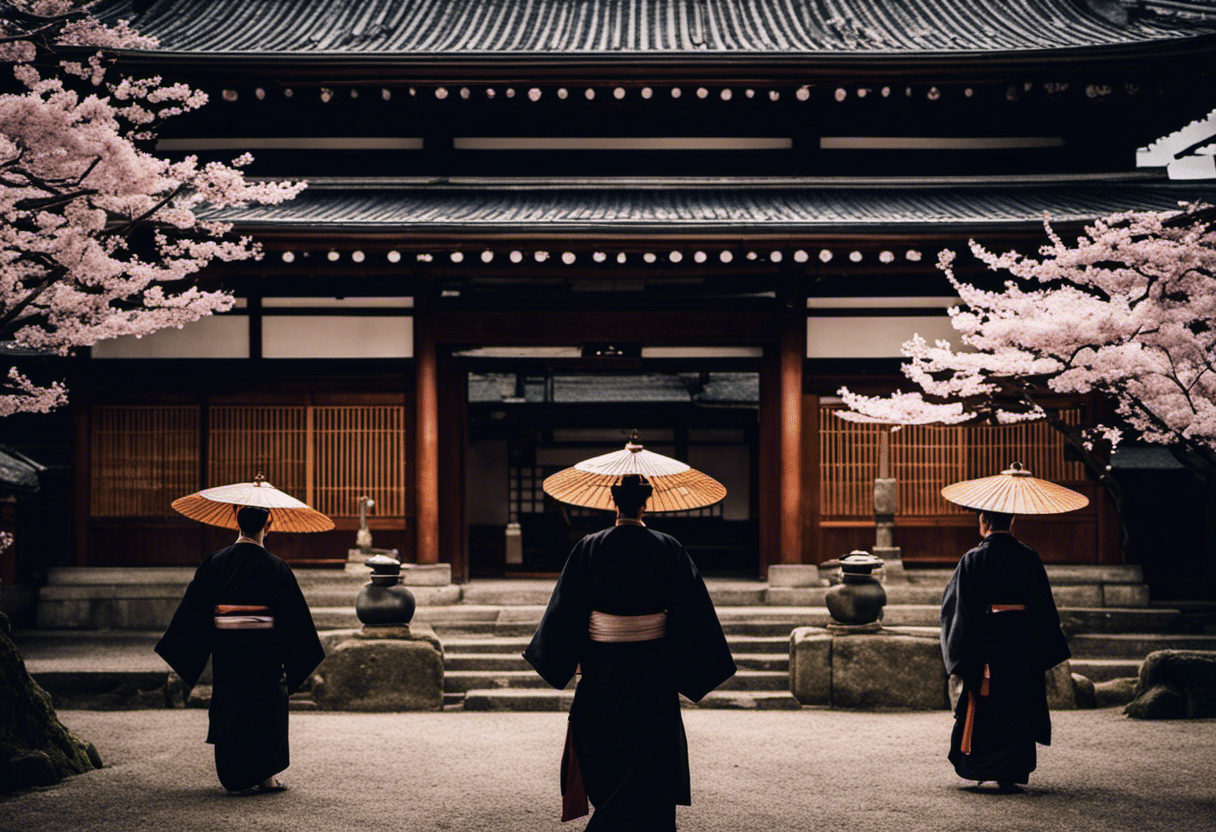 An image showcasing a serene temple courtyard in Kyoto, adorned with cherry blossom trees and stone lanterns