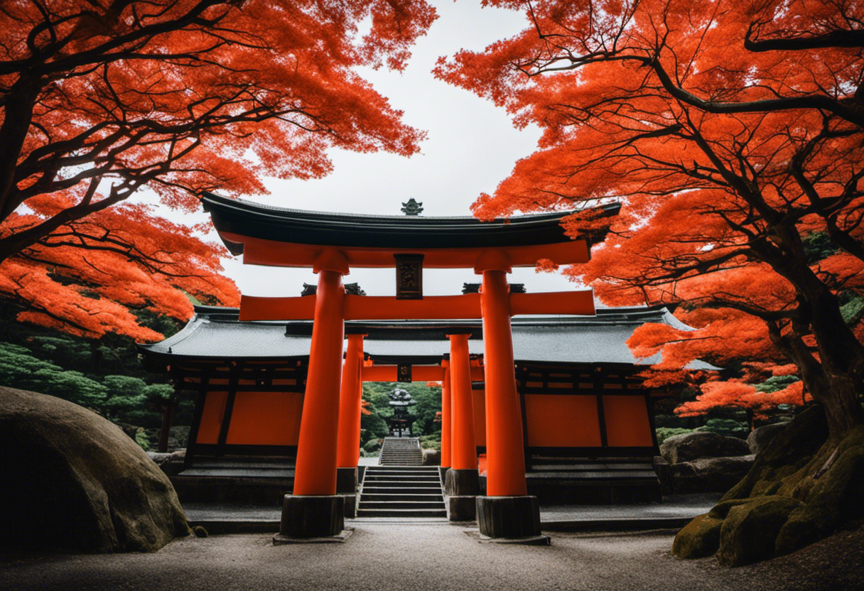 An image showcasing the iconic vermilion gates of Fushimi Inari Taisha, juxtaposed with the serene rock garden of Ryoanji Temple