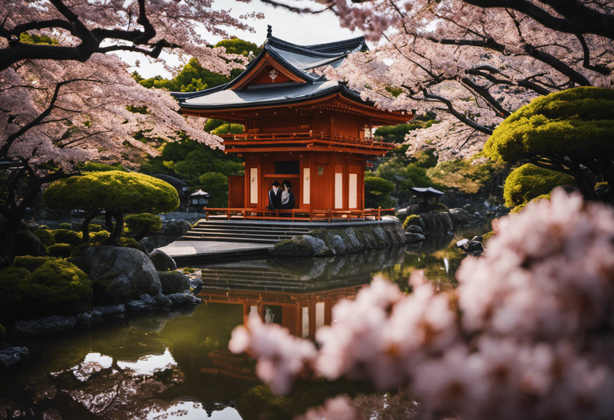  Create an image capturing the serene ambiance of Kyoto's temples, featuring a lone figure immersed in the tranquility, surrounded by lush gardens, delicate cherry blossoms, and the soft glow of lanterns