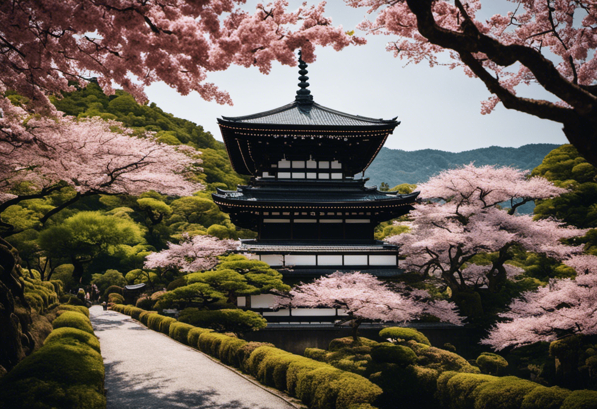 An image showcasing a traditional Japanese map, adorned with vibrant cherry blossom motifs, highlighting Kyoto's revered temples