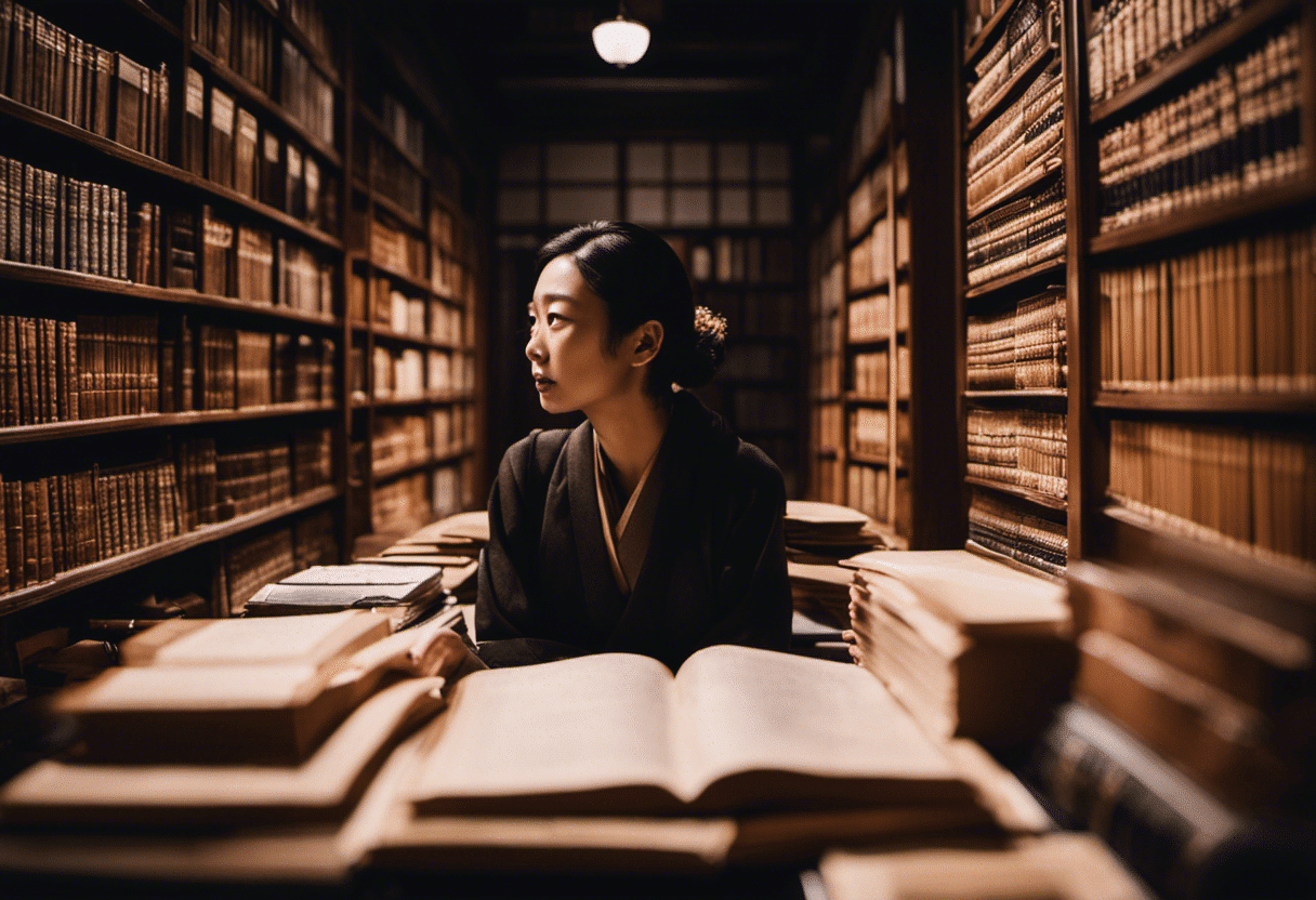 An image showcasing a person immersed in research, surrounded by open books, maps, and photographs of Kyoto's temples, highlighting their dedication to uncovering the city's sacred spaces