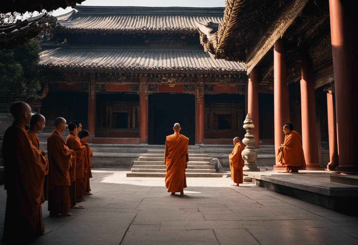 An image showcasing a serene temple courtyard bathed in soft morning light