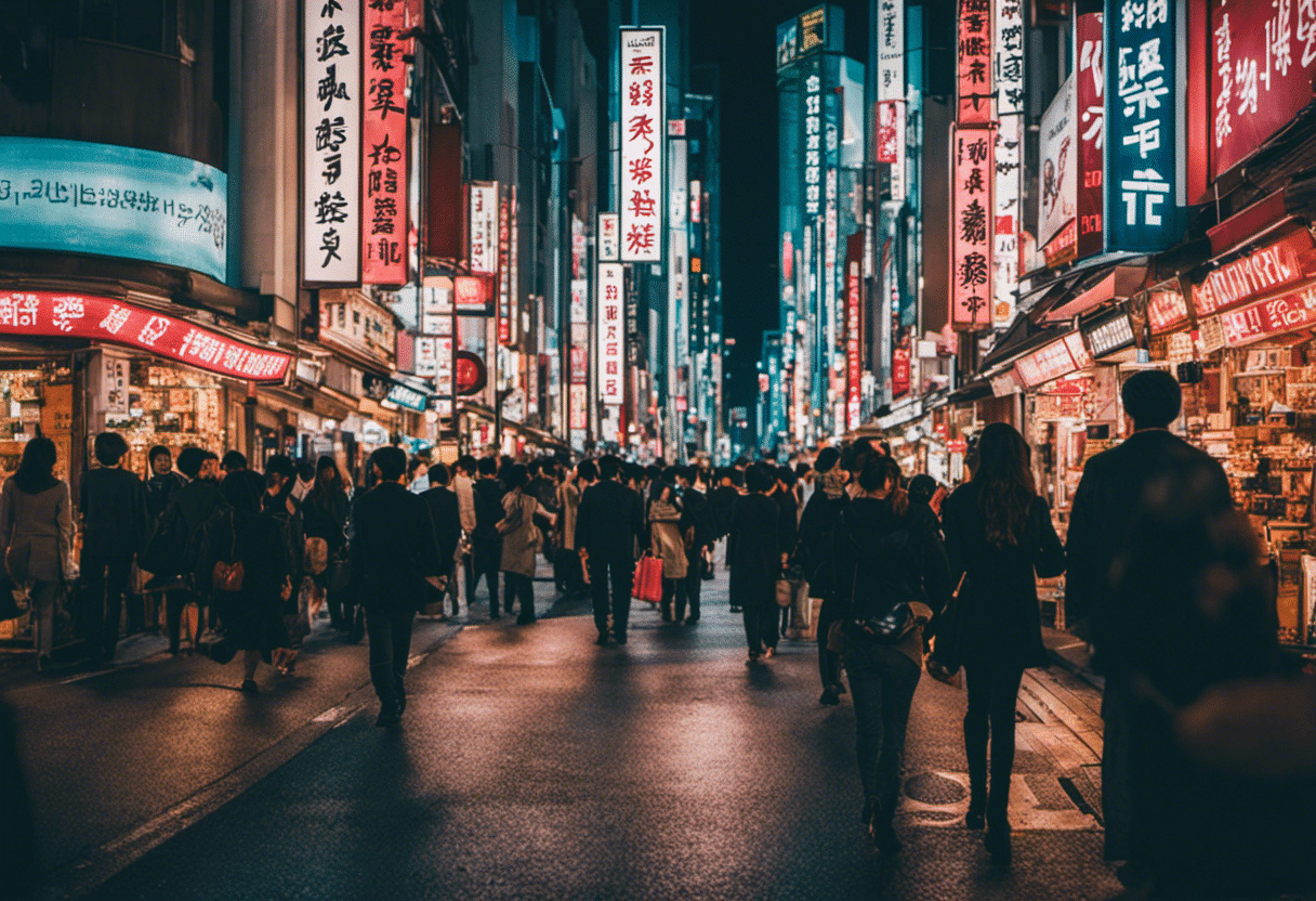 An image showcasing the vibrant streets of Tokyo's shopping districts, filled with bustling crowds, adorned with neon signs, and lined with stores offering a vast array of Japanese electronics and cosmetics