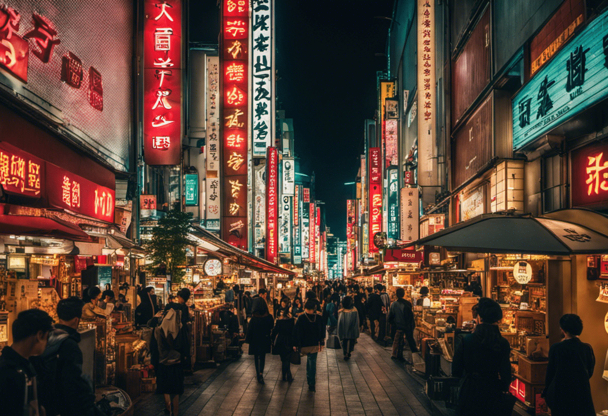 An image depicting a vibrant Tokyo shopping district, with bustling stores and neon signs, showcasing tax-free shopping