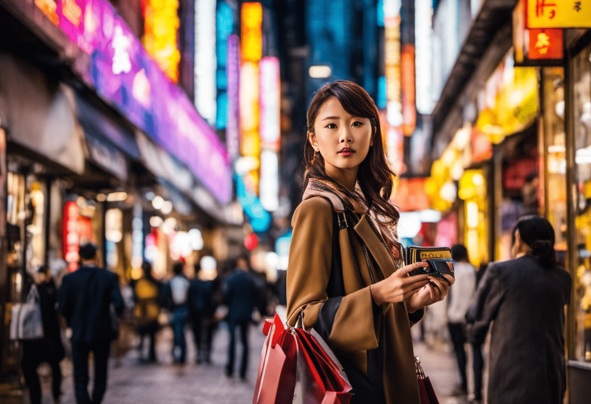 An image of a stylish shopper standing amidst vibrant Tokyo shopping districts, clutching a wallet bursting with yen
