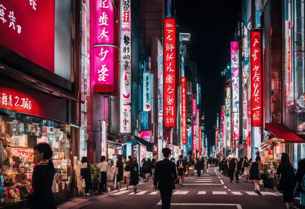 An image showcasing Tokyo's fashion-forward shopping district: vibrant neon signs illuminate the stylish streets lined with luxurious boutiques adorned with sleek window displays, enticing fashion enthusiasts to indulge in high-end shopping experiences