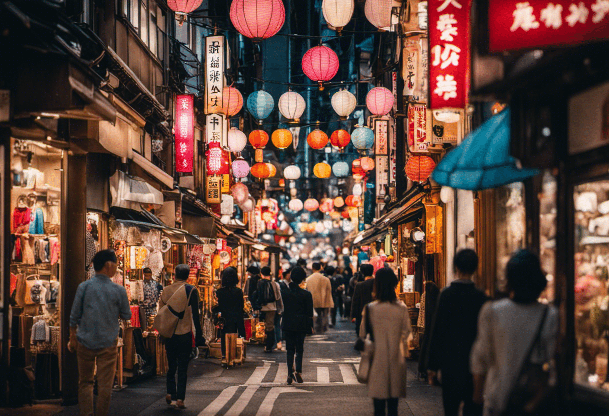 An image showcasing a bustling Tokyo shopping district, with vibrant storefronts displaying colorful garments, quirky accessories, and one-of-a-kind trinkets