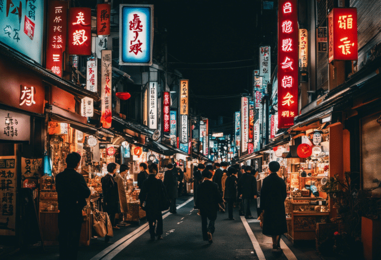  the bustling streets of Tokyo's shopping districts: neon signs illuminating narrow alleyways, colorful storefronts stacked with quirky trinkets, fashionable locals browsing boutiques, and the aroma of street food wafting through the air