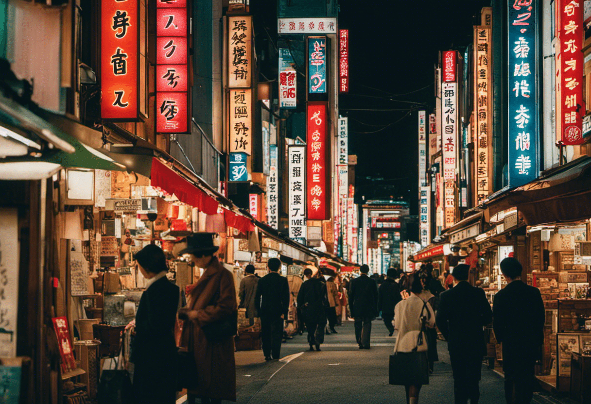 An image that captures the vibrant essence of Tokyo's shopping districts, showcasing a bustling street lined with quaint vintage stores