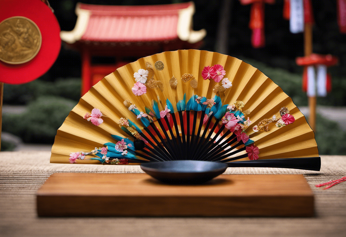 An image showcasing a colorful Japanese fan, a small coin pouch filled with offerings, a traditional wooden prayer board, and a pair of comfortable walking shoes, all neatly arranged against the backdrop of a serene Inari Shrine