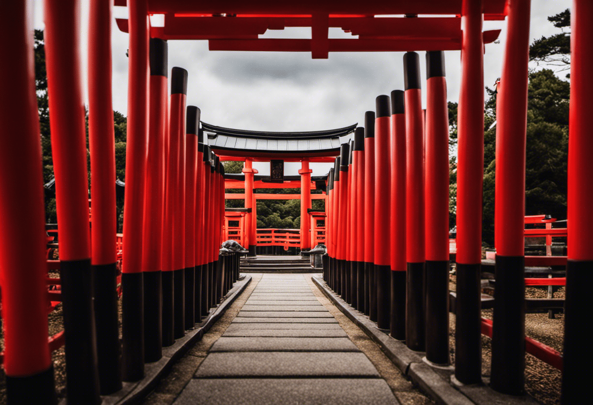 An image showcasing the serene ambiance of an Inari Shrine, with a torii gate leading to a vibrant path lined with countless vermilion torii gates, symbolizing the ritual practice of paying homage to the deity
