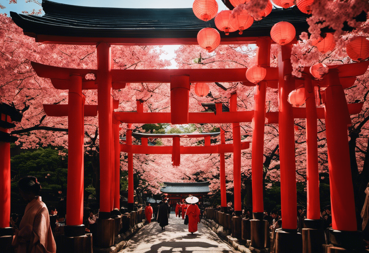An image showcasing a vibrant torii gate adorned with countless vermilion-colored paper lanterns, gently swaying in the breeze