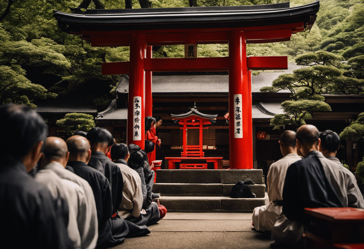 An image capturing the serene atmosphere of an Inari Shrine, with visitors respectfully bowing, removing their shoes at the entrance, and cleansing their hands and mouth at the temizuya, all while dressed in traditional attire