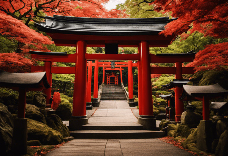An image of a serene Inari shrine, nestled amidst lush Japanese maple trees