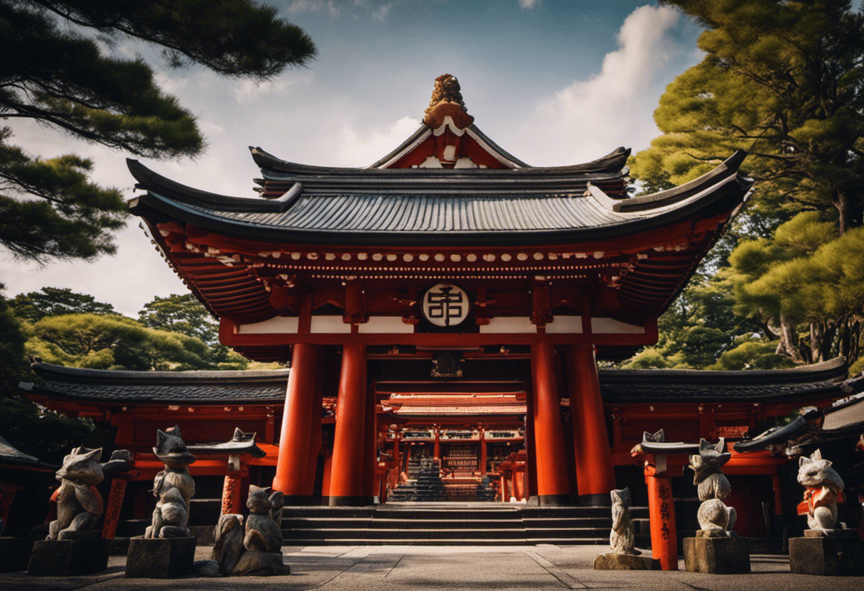 An image capturing the ambiance of an Inari Shrine, highlighting the mesmerizing sight of numerous intricately carved fox statues adorning the shrine grounds, symbolizing the revered messenger and protector of the shrine