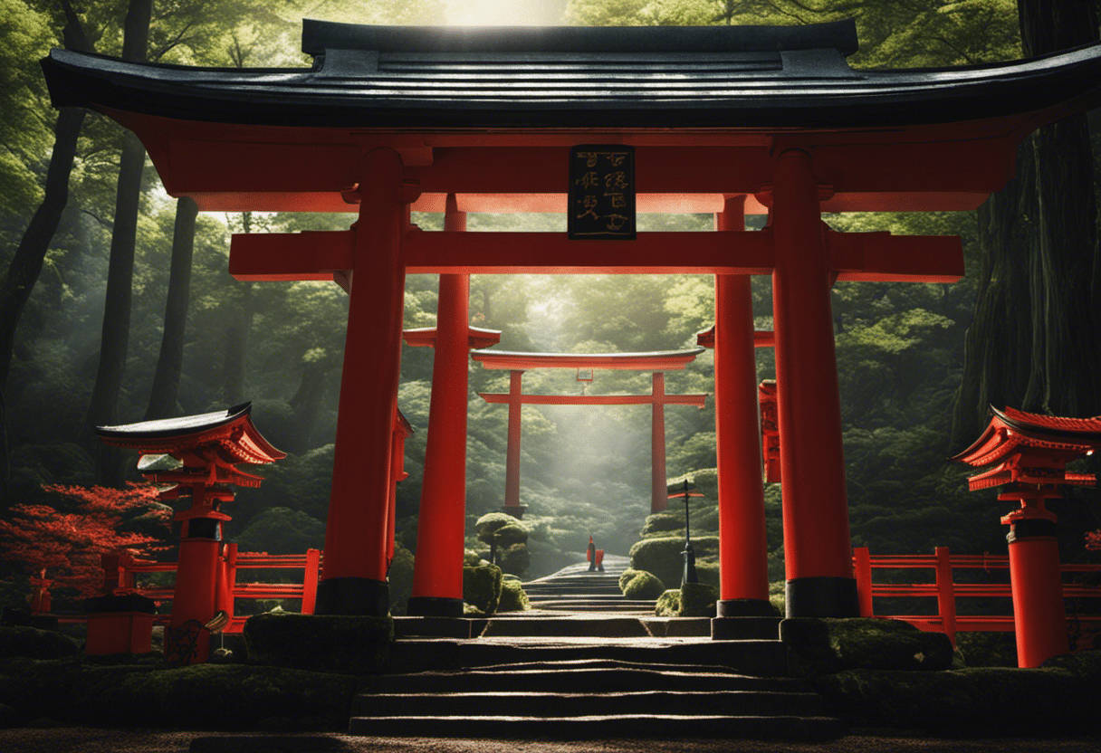  an image showcasing the intertwined roots of Shintoism and Inari Shrines, depicting a serene forest scene with a torii gate, fox statues, and offerings to evoke the spiritual connection between the two traditions
