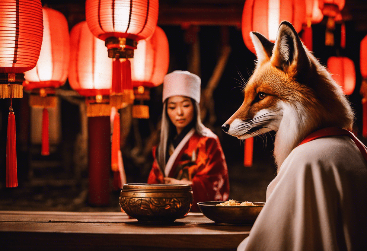An image depicting an ancient ritual at an Inari shrine