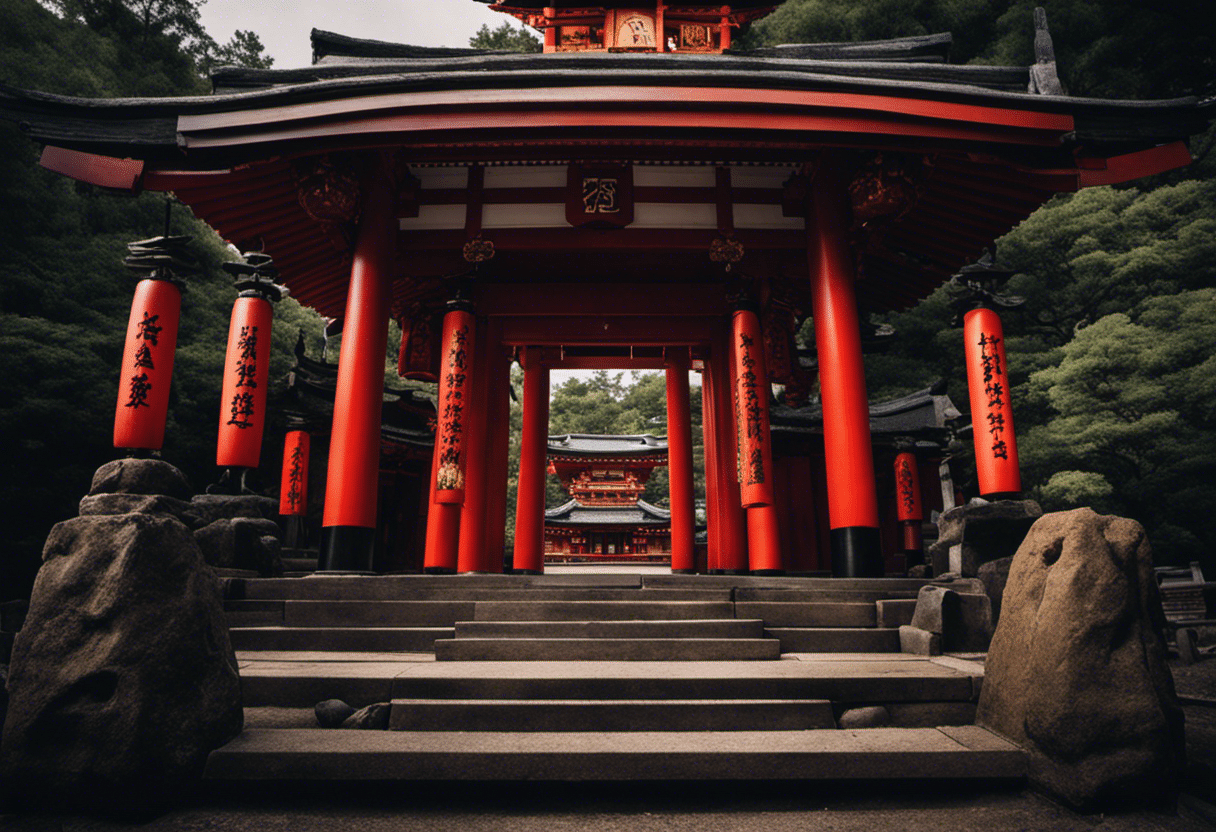 An image showcasing the evolution of Inari shrine practices, capturing the transformation of rituals, offerings, and architectural elements over the years