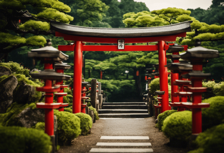 An image depicting a serene Japanese landscape with a vibrant red torii gate standing tall at the entrance of an Inari Shrine, surrounded by lush greenery and fox statues, symbolizing the rich history of these sacred places