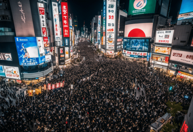 An image showcasing the mesmerizing chaos of Shibuya Crossing: a sea of pedestrians engulfing the streets, neon signs illuminating the night sky, bustling shops and towering buildings, capturing the vibrant energy that makes it truly one-of-a-kind