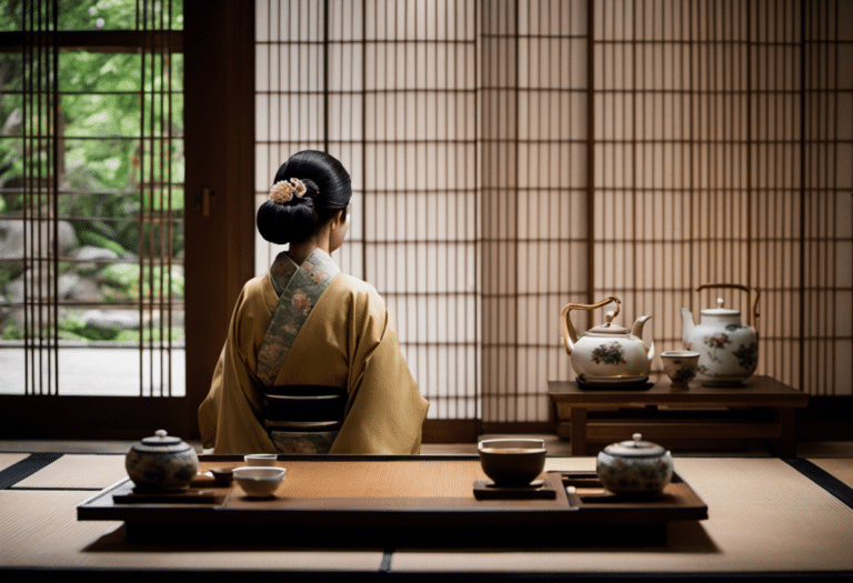An image showcasing a traditional Japanese tea ceremony: a serene, tatami-covered room with sliding shoji doors, a beautifully adorned tea set, and a graceful kimono-clad host pouring tea for a guest