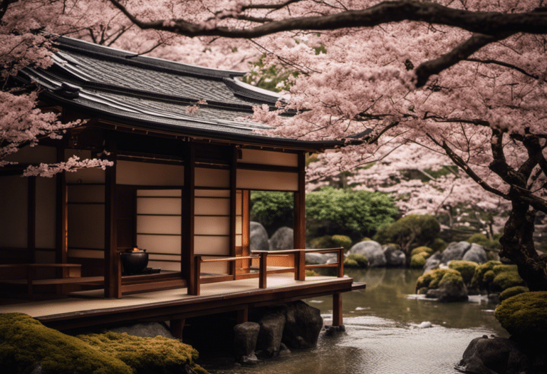 An image of a traditional Japanese ryokan nestled amidst cherry blossom trees, with sliding paper doors, tatami mats, and a serene garden featuring a stone lantern and a koi pond