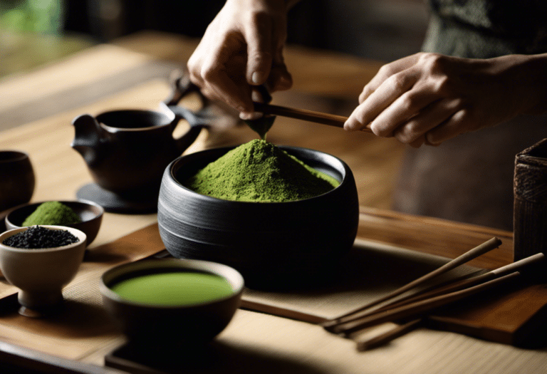 He sequential, detailed steps of a traditional Japanese tea ceremony: the meticulous cleaning of tools, precise measuring of matcha, gentle whisking, and the respectful presentation in a tranquil setting