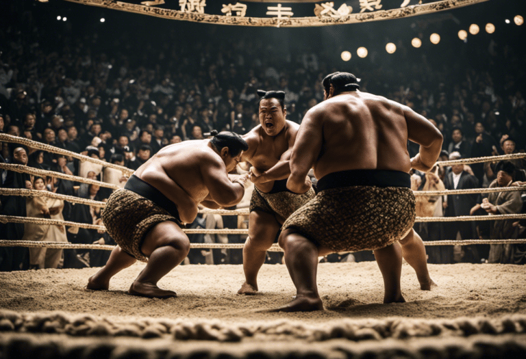 the intensity of a Sumo match: a packed arena buzzing with anticipation, towering wrestlers clad in traditional mawashi, muscles rippling with power, mid-action as they collide in a clash of titans