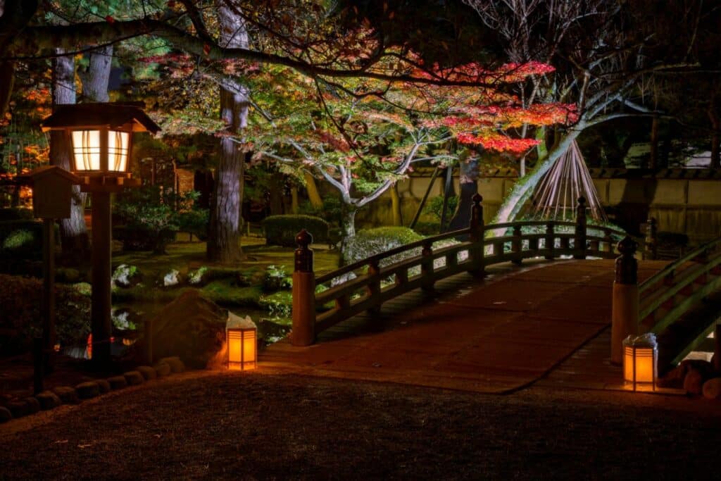 Illuminated Kenrokuen Garden During Momijigari Season, Kanazawa City, Ishikawa Prefecture, Japan 