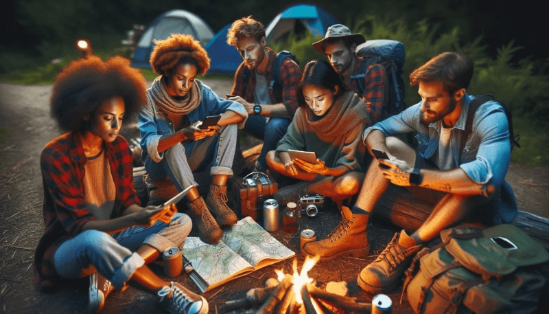 Photo of a group of diverse travelers in a campsite at dusk. They gather around a campfire, sharing stories while simultaneously updating their journals, checking their emails on mobile devices, and reviewing maps for the next day's journey