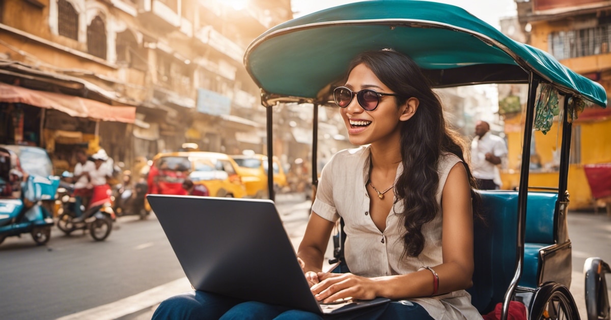 A woman with glasses smiles while using a laptop in a rickshaw amidst busy streets.