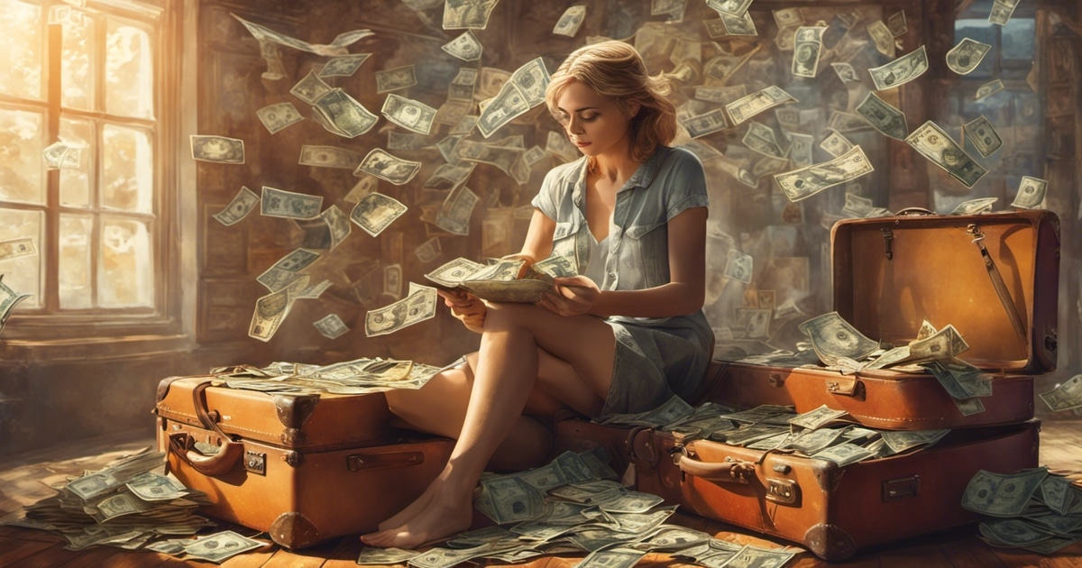 A blonde lady sits in a vintage room, counting money as dollar bills float around her.
