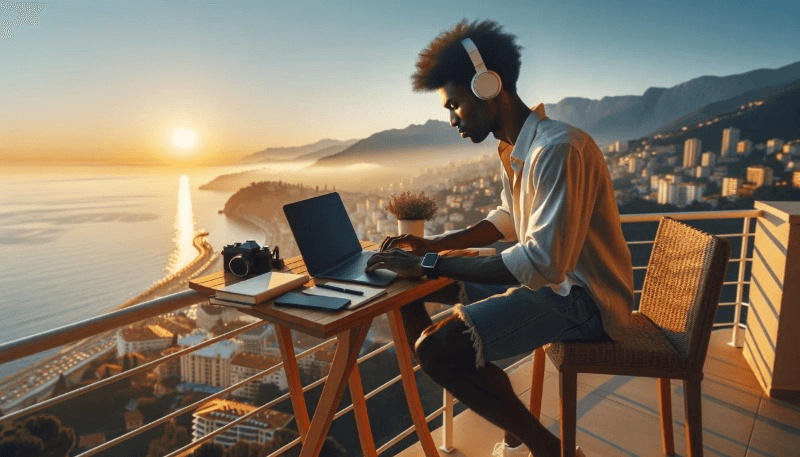 Photo of a man of African descent on a scenic balcony overlooking a coastal city. He is setting up a makeshift workstation with his laptop, headphones, and a notebook