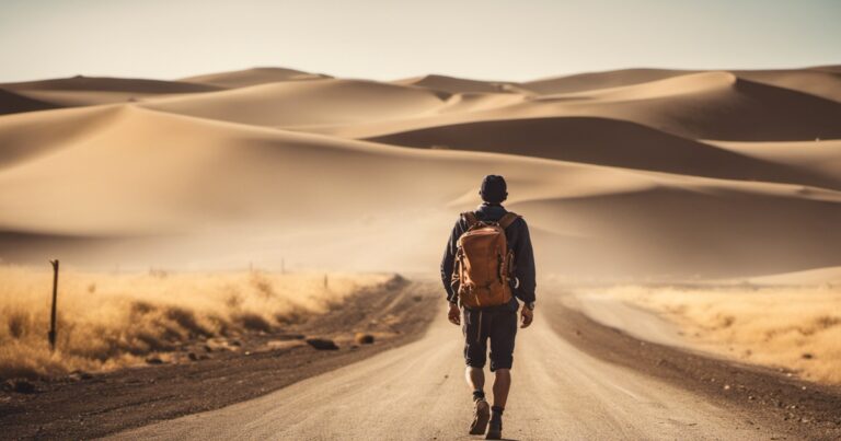 Lone traveler approaching vast sand dunes in a serene desert