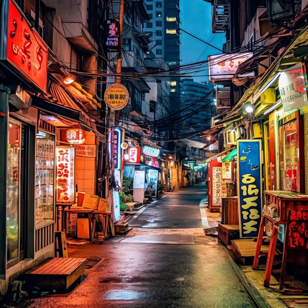 A narrow alleyway with neon signs and a wet street in Shinjuku