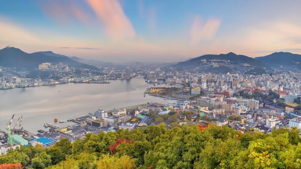 Nagasaki city downtown skyline cityscape in Kyushu Japan
